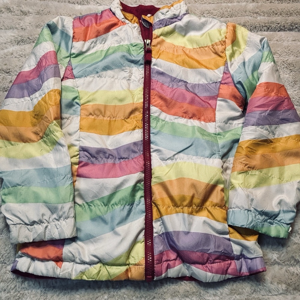 Girls Pastel Rainbow Stripe Puffer Jacket‎ Coat Lightweight W/ Hood Small 6/6x
